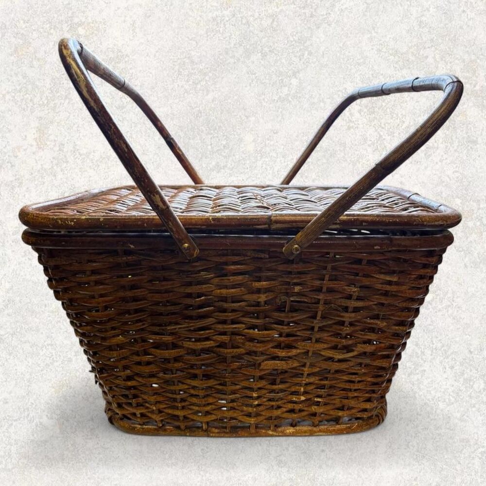 Vintage Cottagecore Antique Boho Wicker Sewing Picnic Basket